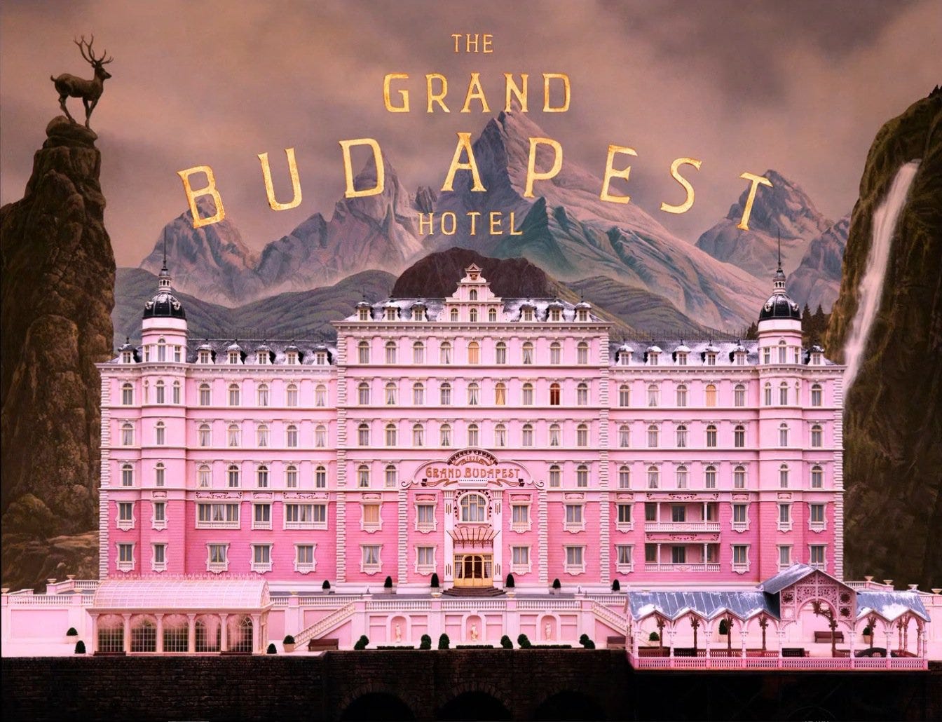 Scene depecting the Grand Budapest Hotel in bright pink