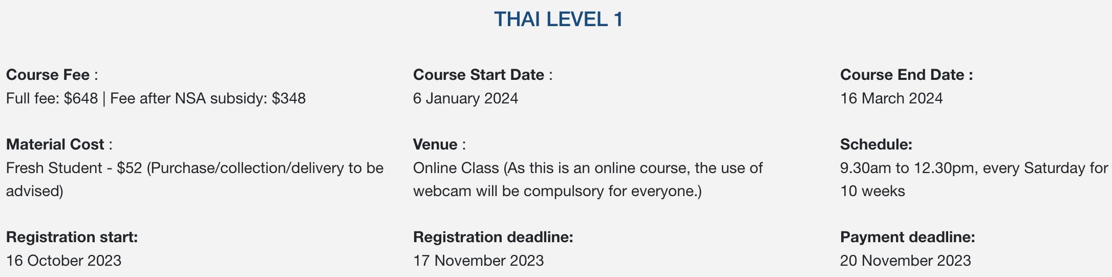 Screenshot of Level 1 Thai Course Description from NUS